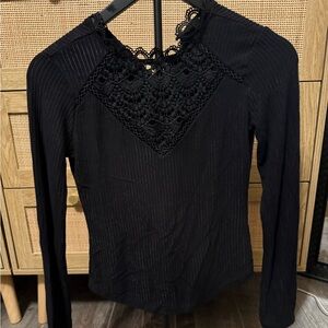 mine Black Long Sleeve Top with Lace Yoke